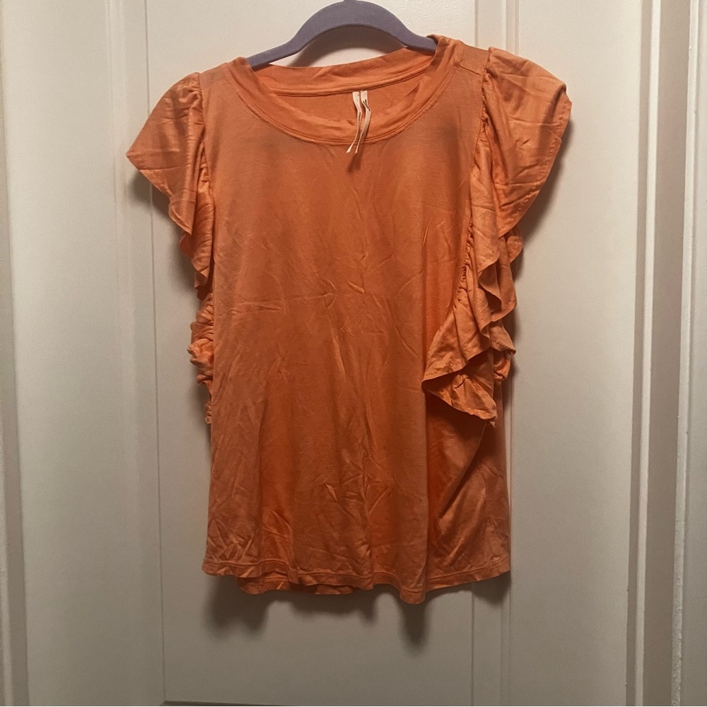 By Anthropologie coral size M ruffled sleeveless top, silky, soft